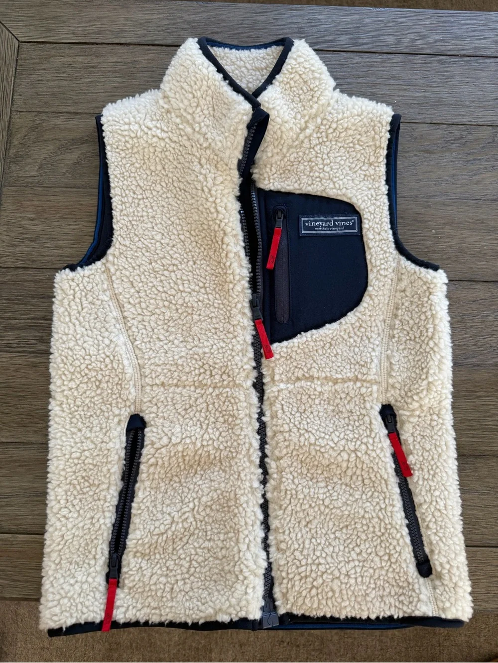 Vineyard Vines Navy Vest with Cream Sherpa and Blue Trim